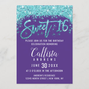 Whimsical Lila Aqua Blue Glitzer Dust Sweet 16 Einladung