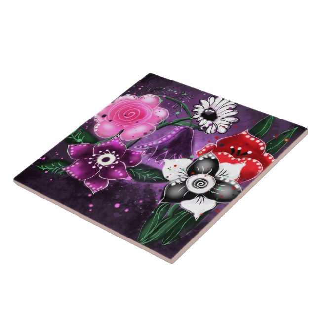 Whimsical Lila Black Pink Daisy Daffodil Fliese (Seite)