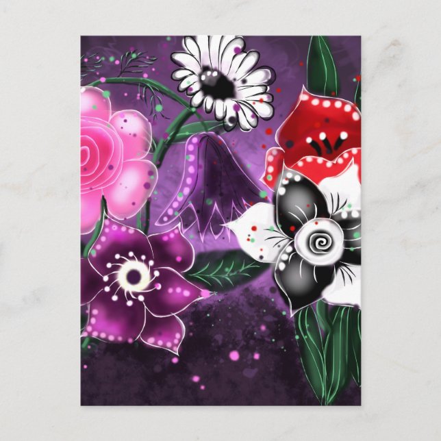 Whimsical Lila Black Pink Daisy Daffodil Postkarte (Vorderseite)