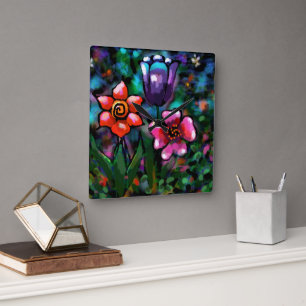 Whimsical Lila Blue Pink Blume Blume Quadratische Wanduhr