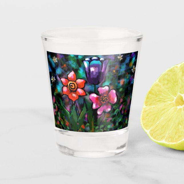 Whimsical Lila Blue Pink Blume Blume Schnapsglas (Vorderseite)