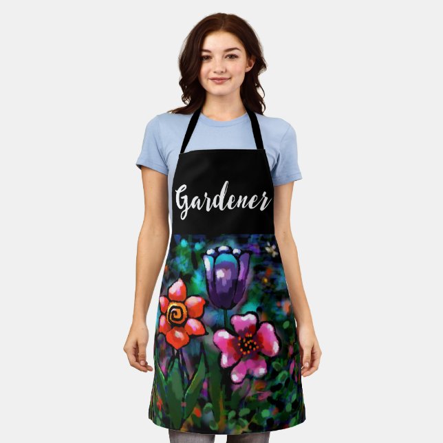 Whimsical Lila Blue Pink Blume Blume Schürze (Getragen)