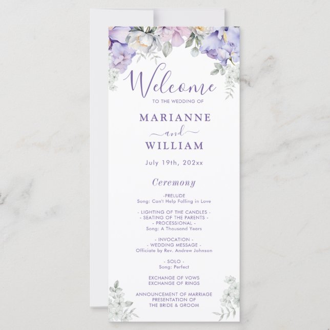 Whimsical Lila Floral Romantic Wedding Programm (Vorderseite)