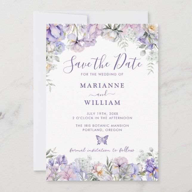 Whimsical Lila Floral Romantic Wedding Save The Date (Vorderseite)