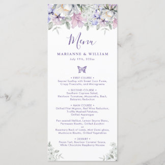 Whimsical Lila Floral Romantisches Hochzeitsessen Menükarte