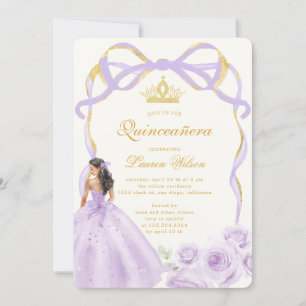 Whimsical Lila Gold Bow Floral Quinceañera Einladung