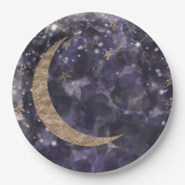 Whimsical Lila Gold Moon Stars Kinderdusche Pappteller
