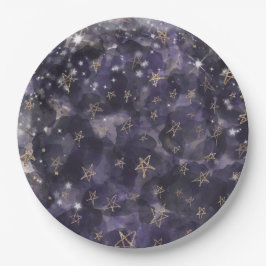 Whimsical Lila Gold Moon Stars Kinderdusche Pappteller