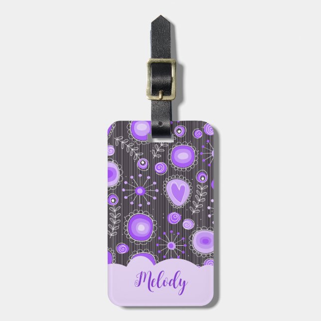 Whimsical lila graues Herz und Blume Blumenname Gepäckanhänger (Vorderseite vertikal)