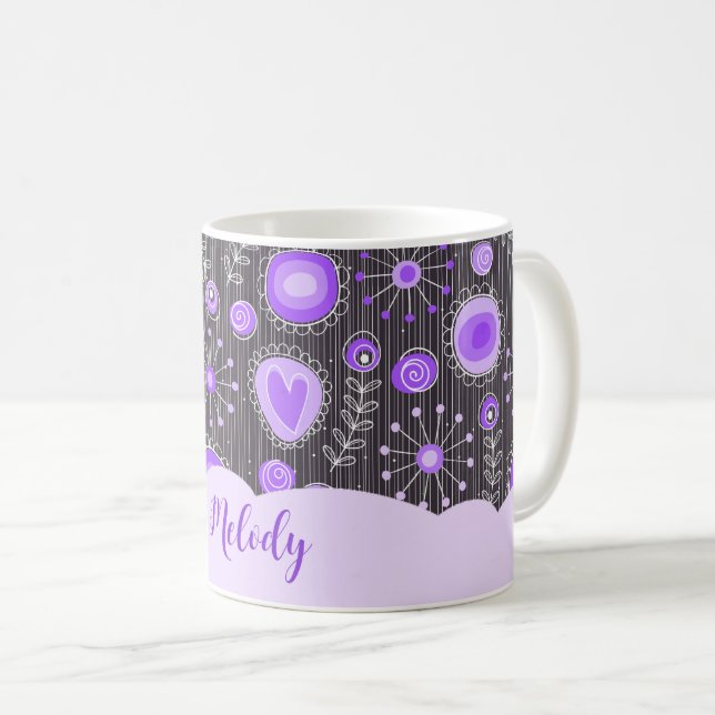 Whimsical lila graues Herz und Blume Blumenname Kaffeetasse (VorderseiteRechts)