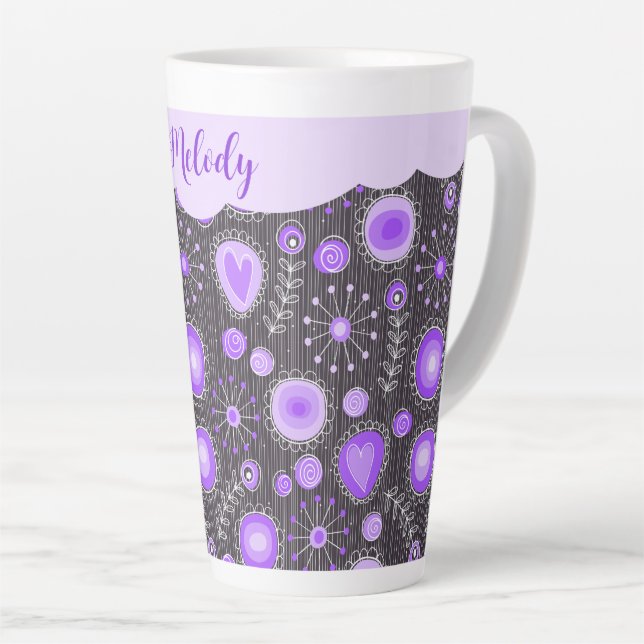 Whimsical lila graues Herz und Blume Blumenname Milchtasse (Rechte Ecke)