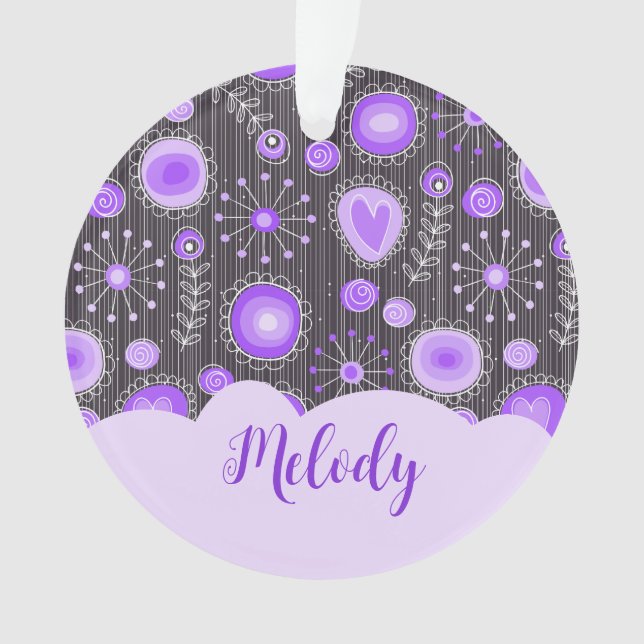 Whimsical lila graues Herz und Blume Blumenname Ornament (Vorderseite)