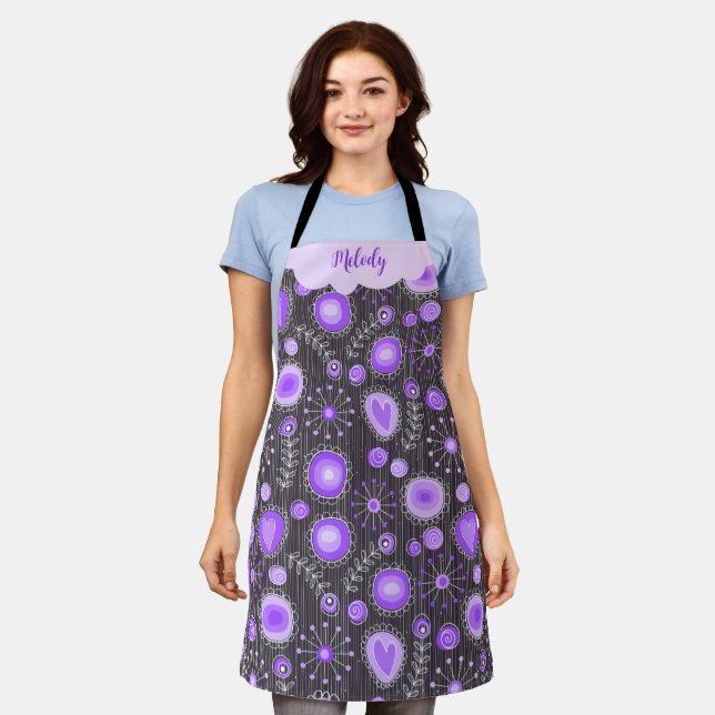 Whimsical lila graues Herz und Blume Blumenname Schürze (Getragen)