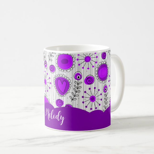 Whimsical lila Herz Blume Blumenname Kaffeetasse (VorderseiteRechts)