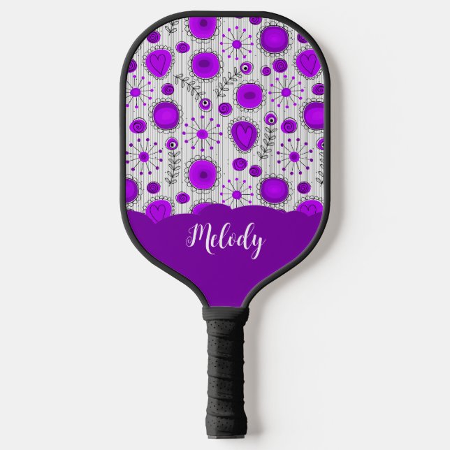 Whimsical lila Herz Blume Blumenname Pickleball Schläger (Vorderseite)