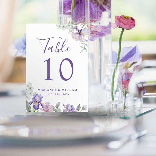 Whimsical Lila Iris Floral Wedding Tischnummer (Whimsical Purple Iris Floral Wedding Table Number)
