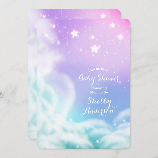 Whimsical Lila Pink Sparkle Clouds Kinderdusche Einladung (Vorne/Hinten)