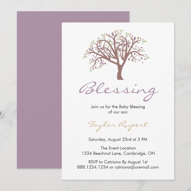 Whimsical Lila Tree Baby Sessing Einladung (Vorne/Hinten)