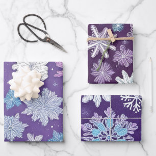 Whimsical Lila und Blue Snowflakes Weihnachten Geschenkpapier Set