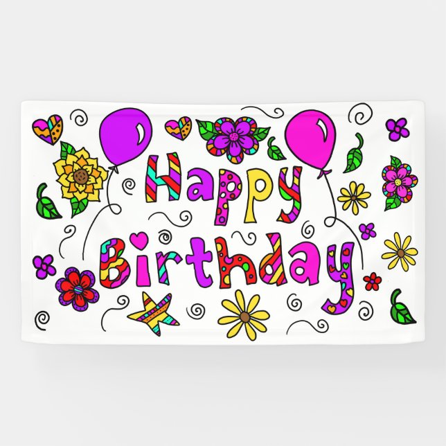 Whimsical Lila und Pink Happy Birthday Girl's Banner (Horizontal)