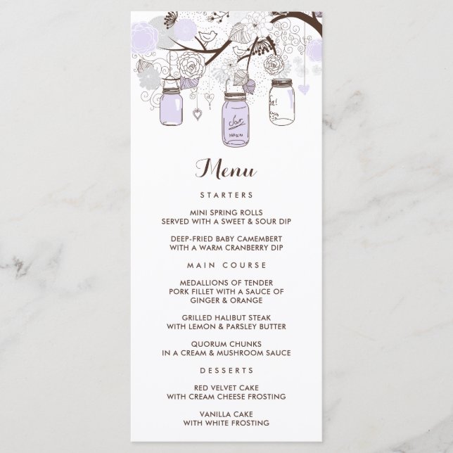 Whimsical Lilac Mason Jars Floral Menu Card Menükarte (Vorderseite)
