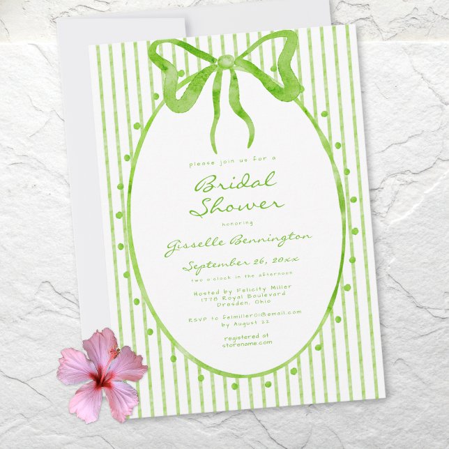 Whimsical Lime Watercolor Bow Stripe Bridal Shower Einladung (Whimsical Lime Watercolor Bow Stripe Bridal Shower Invitation)
