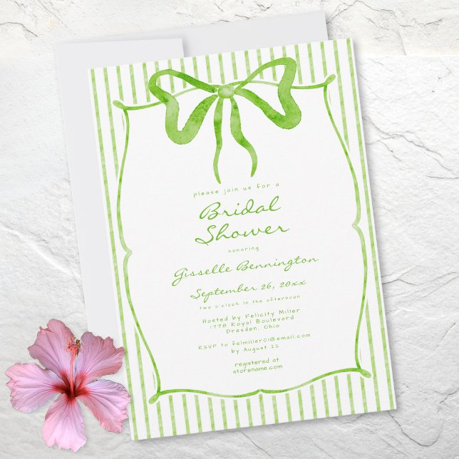 Whimsical Lime Watercolor Bow Stripe Bridal Shower Einladung (Whimsical Lime Watercolor Bow Stripe Bridal Shower Invitation)