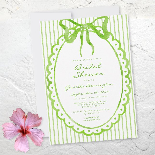 Whimsical Lime Watercolor Bow Stripe Bridal Shower Einladung (Whimsical Lime Watercolor Bow Stripe Bridal Shower Invitation)
