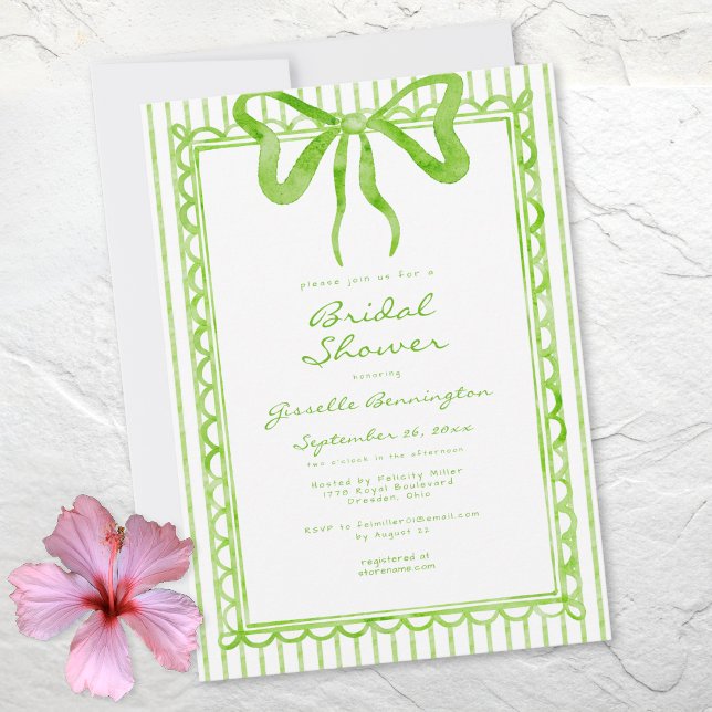 Whimsical Lime Watercolor Bow Stripe Bridal Shower Einladung (Whimsical Lime Watercolor Bow Stripe Bridal Shower Invitation)
