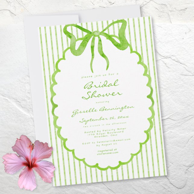 Whimsical Lime Watercolor Bow Stripe Bridal Shower Einladung (Whimsical Lime Watercolor Bow Stripe Bridal Shower Invitation)