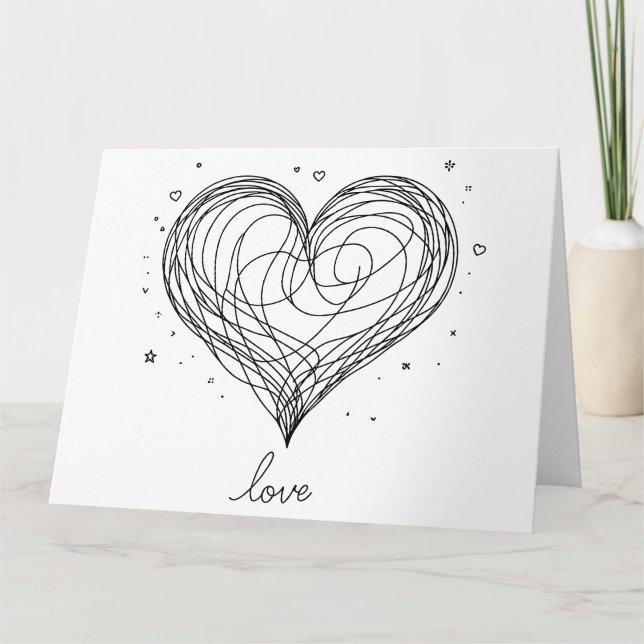 Whimsical Line Art Herz mit "Liebe" Dankeskarte (Vorderseite)