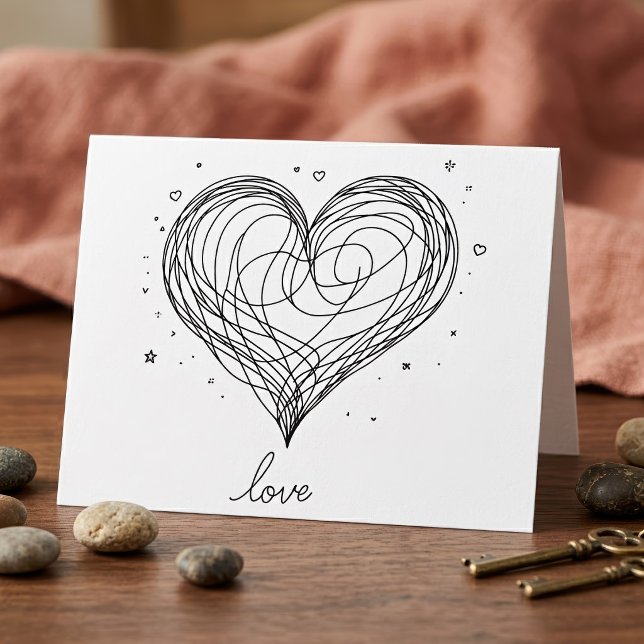 Whimsical Line Art Herz mit "Liebe" Dankeskarte (Whimsical Line Art Heart with Love Design. Letterpress Thank You Card)