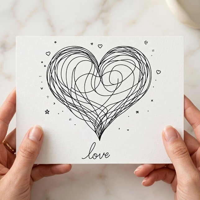 Whimsical Line Art Herz mit "Liebe" Postkarte (Whimsical Line Art Heart with Love Design. Postcard)