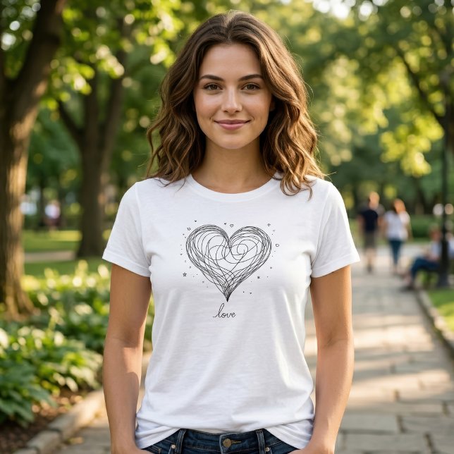 Whimsical Line Art Herz mit "Liebe" T-Shirt (Whimsical Line Art Heart with Love Design. Women Basic White T-Shirt)