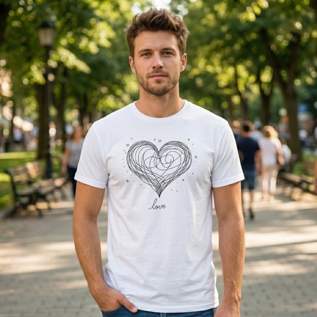 Whimsical Line Art Herz mit "Liebe" T-Shirt (Whimsical Line Art Heart with Love Design. Men Basic White T-Shirt)