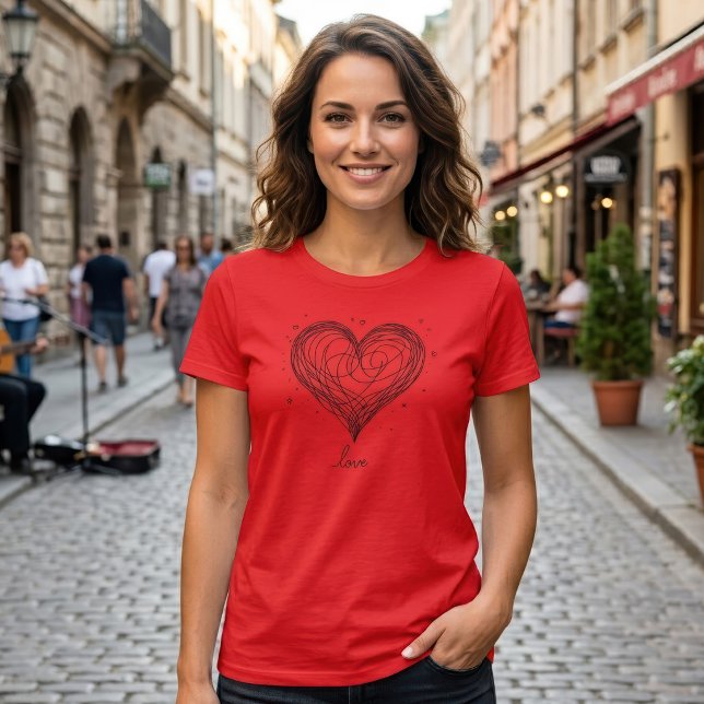 Whimsical Line Art Herz mit "Liebe" T-Shirt (Whimsical Line Art Heart with Love Design. Women Basic Red T-Shirt)