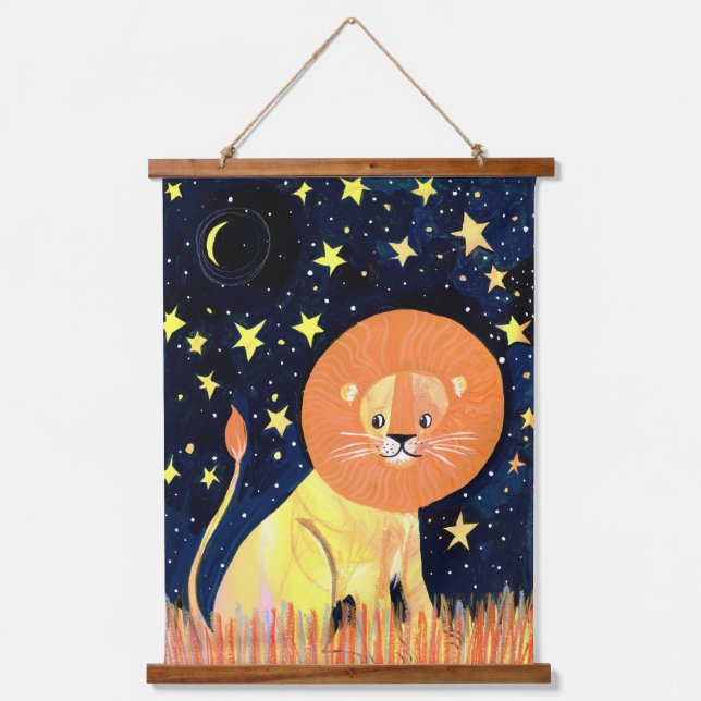 Whimsical Lion and Stars Hangposter - Celestia Wandteppich Mit Holzrahmen (Vorderseite)