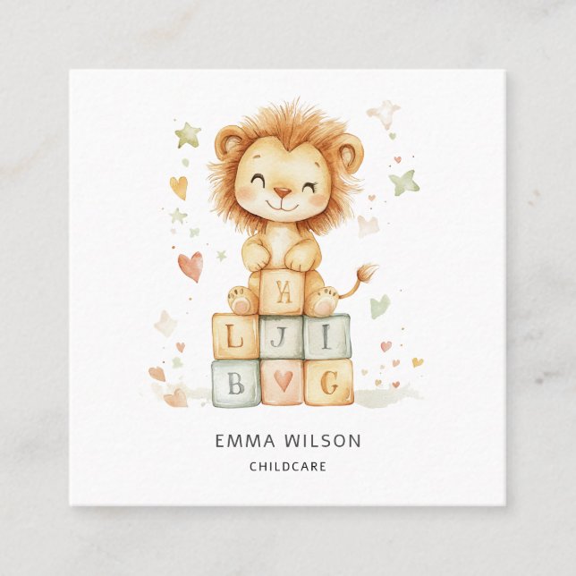 Whimsical Lion Cub Chilcare Business Card Quadratische Visitenkarte (Vorderseite)