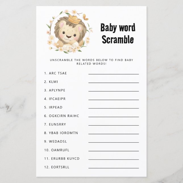 Whimsical Lion King Baby Dusche Word Scramble Game (Vorderseite)