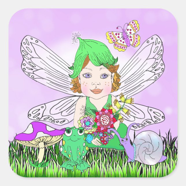 Whimsical Little Elf Fairy, Mushroom and Butterfly Quadratischer Aufkleber (Vorderseite)