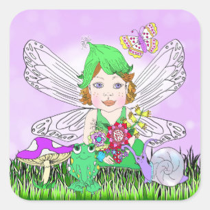 Whimsical Little Elf Fairy, Mushroom and Butterfly Quadratischer Aufkleber