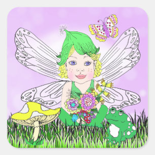 Whimsical Little Elf Fairy, Mushroom and Butterfly Quadratischer Aufkleber