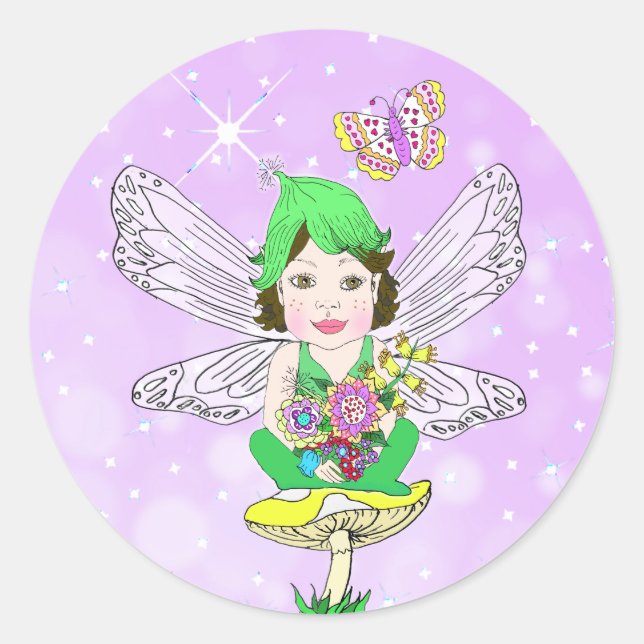 Whimsical Little Elf Fairy, Mushroom and Butterfly Runder Aufkleber (Vorderseite)