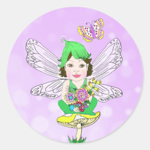 Whimsical Little Elf Fairy, Mushroom and Butterfly Runder Aufkleber