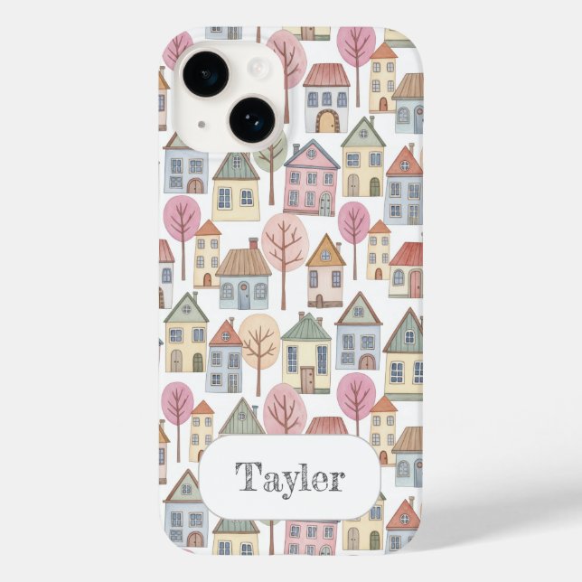 Whimsical Little Houses Illustration Custom Name Case-Mate iPhone Hülle (Rückseite)