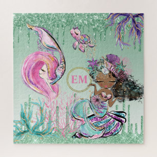 Whimsical Little Mermaids Under Sea Monogram P Puzzle
