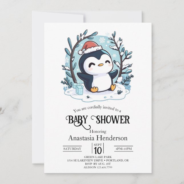 Whimsical Little Pinguin Baby Dusche Einladung (Vorderseite)