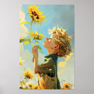 Whimsical Little Prince riecht Sonnenblumen Cartoo Poster