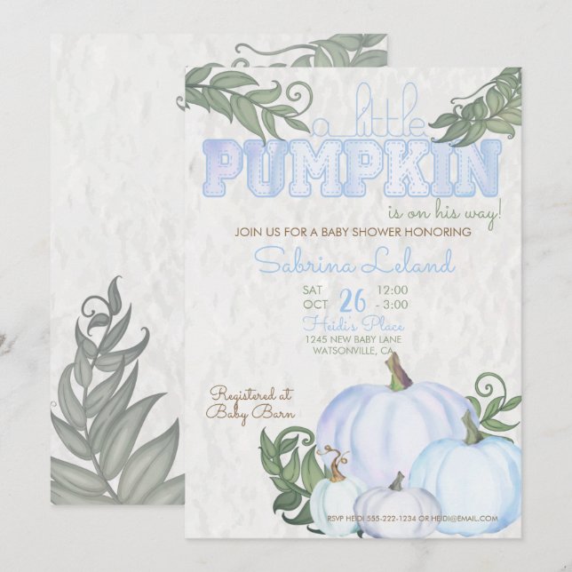 Whimsical Little Pumpkin Blue Boy Baby Dusche Einladung (Vorne/Hinten)