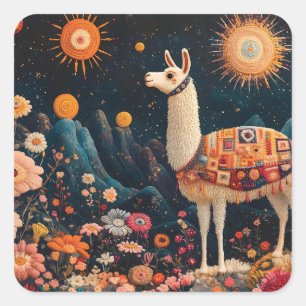 Whimsical Llama in einer zauberhaften, floralen La Quadratischer Aufkleber